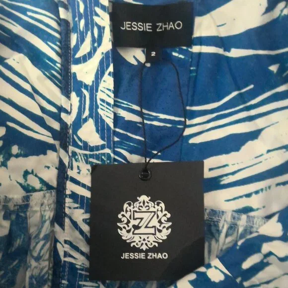 NEW Jesse Zhao Blue Print Square Neck Midi Dress – Size 2